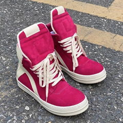 RICK OWENS GEOBASKET SNEAKER FUSCHIA & MILK MEN SUEDE LEATHER HIGH TOP SHOES