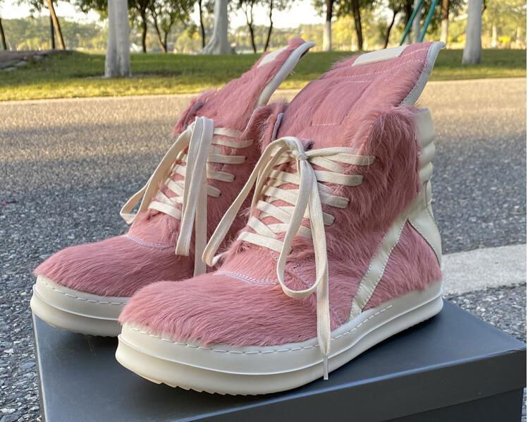 Rick Owens Geobaskets Cow Fur Dusty Pink Milk Rick High top lace up Sneakers 