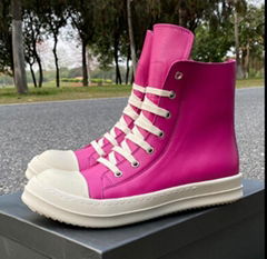 RICK OWENS Leather High-Top Sneakers Men Sneakers Hot Pink Women Round Toe Flat