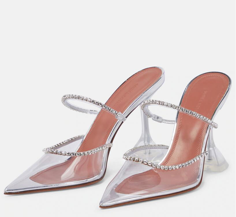 Amina Muaddi Gilda embellished PVC Mules Rhinestones Heel Sandals 2