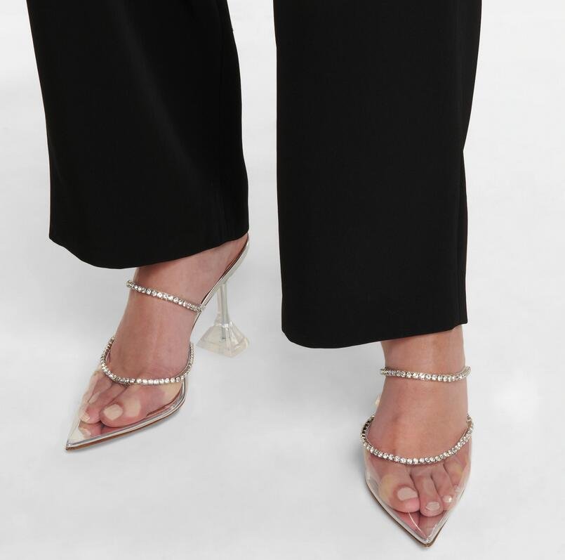 Amina Muaddi Gilda embellished PVC Mules Rhinestones Heel Sandals 4