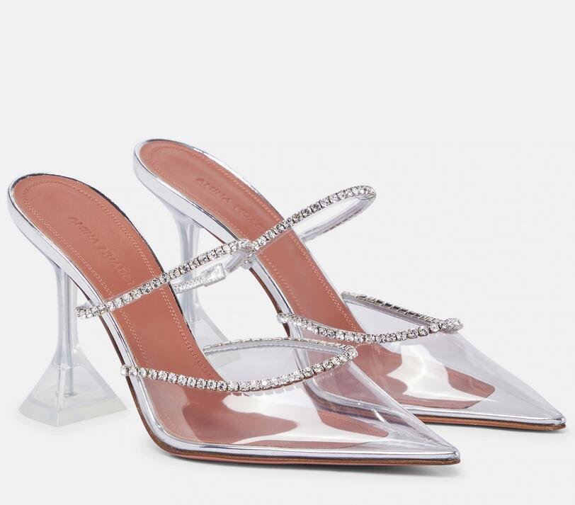 Amina Muaddi Gilda embellished PVC Mules Rhinestones Heel Sandals