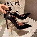 Amina Muaddi Black Satin Romy Pointed Toe Pumps Women Crystal Cut Heel 