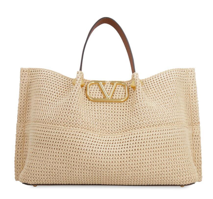           Garavani Summer VLogo Plaque Woven Tote Bag  VLogo Beach Handbag 3