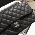 Chanel Classic Caviar Leather  Double Flap Bag Black Medium CC logo Chain Bag