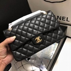 Classic Caviar Leather  Double Flap Bag Black Medium CC logo Chain Bag