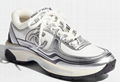 Chanel 23C White Silver Metallic CC Logo Lace Up Flat Runner Trainer Sneaker