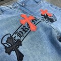 Chrome Hearts Stencil Cross Patch Denim Men's Navy and Red Jeans