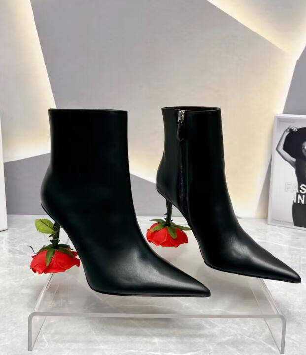       Leather Rose Heel Ankle Boots In Black Women's Leather Heel Ankle Boots