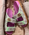 Gucci WOMEN'S SANDAL WITH DOUBLE G Purple and green GG Crystal canvas Mules