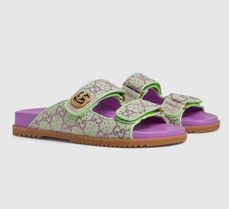       WOMEN'S SANDAL WITH DOUBLE G Purple and green GG Crystal canvas Mules 2