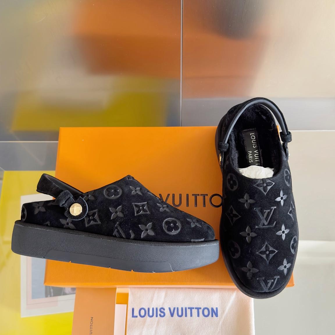 louis vuitton Aspen Platform Clog Monogram snug shearling chunky platform shoes 