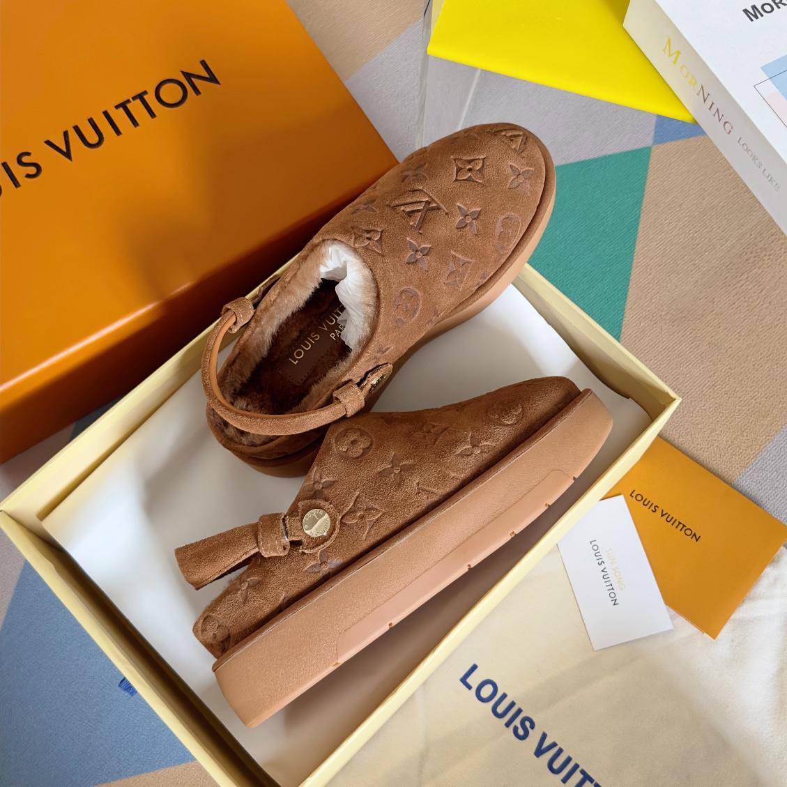 louis vuitton Aspen Platform Clog Monogram snug shearling chunky platform shoes 