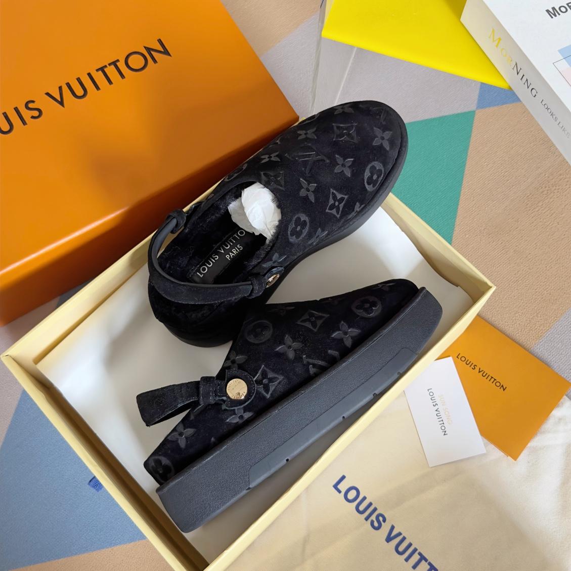 louis vuitton Aspen Platform Clog Monogram snug shearling chunky platform shoes 