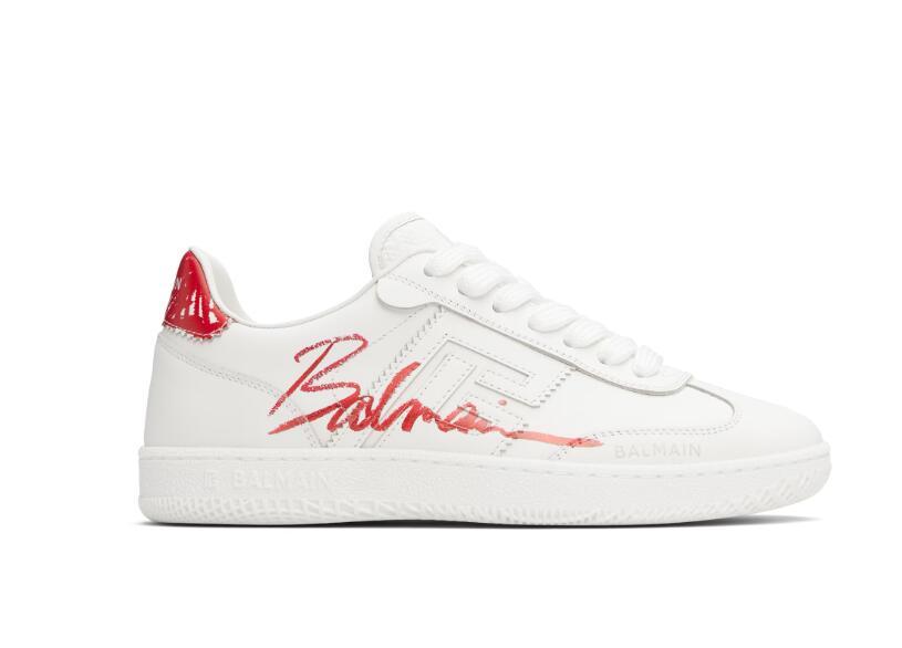 BALMAIN White & Red Leather 'Balmain' Swan Lipstick Sneakers Men women shoes 