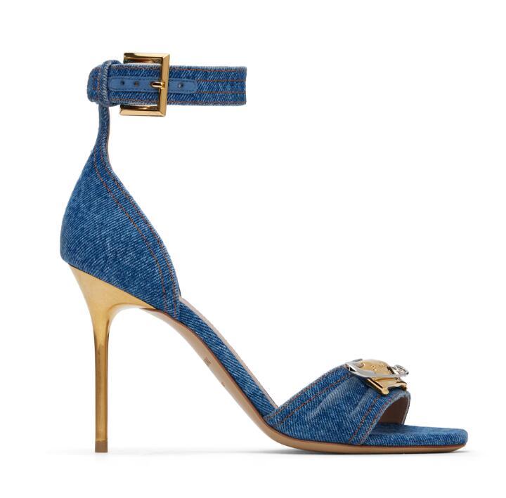 BALMAIN Blue Denim Safety Pin Heeled Sandals Women fashion shoes cheap for sale