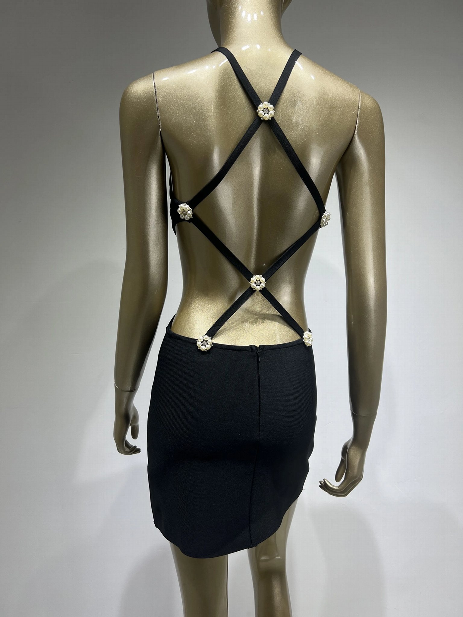 Women Summer Fashion Sexy Backless Pearl Crystal Black Diamonds Bandage Dress  3