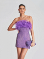 Sexy Strapless Sequins Feather Bodycon Mini Dress Elegant Purple Shiny Sequin 