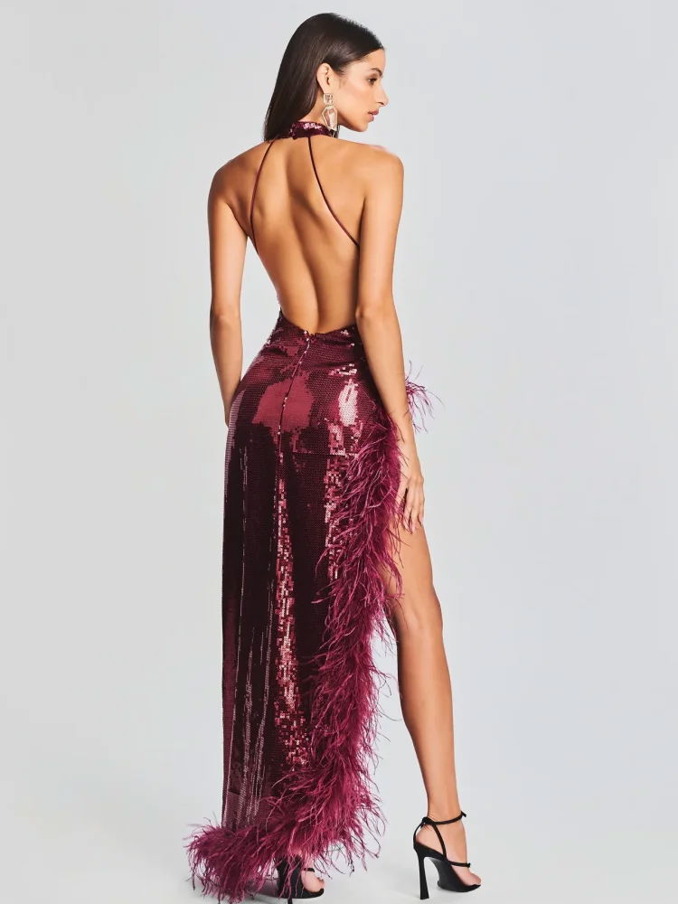 Sexy Halter Luxury Feather Sequin Long Dress Women Wine Red Sleeveless Backless  3