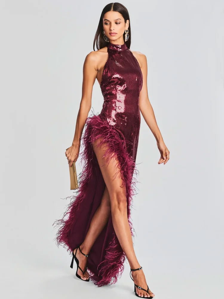 Sexy Halter Luxury Feather Sequin Long Dress Women Wine Red Sleeveless Backless  2