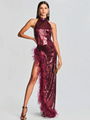 Sexy Halter Luxury Feather Sequin Long Dress Women Wine Red Sleeveless Backless 