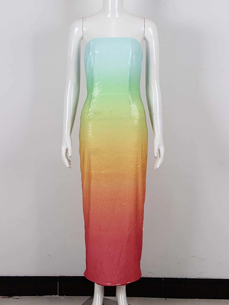 Summer Sexy Strapless Rainbow Sequins Long Dress Women Colorful Sequins Backless 5
