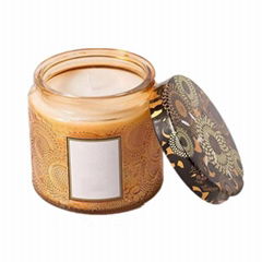 Custom coloured soy wax candle jar embossed candle vessel 100ml with floral lid