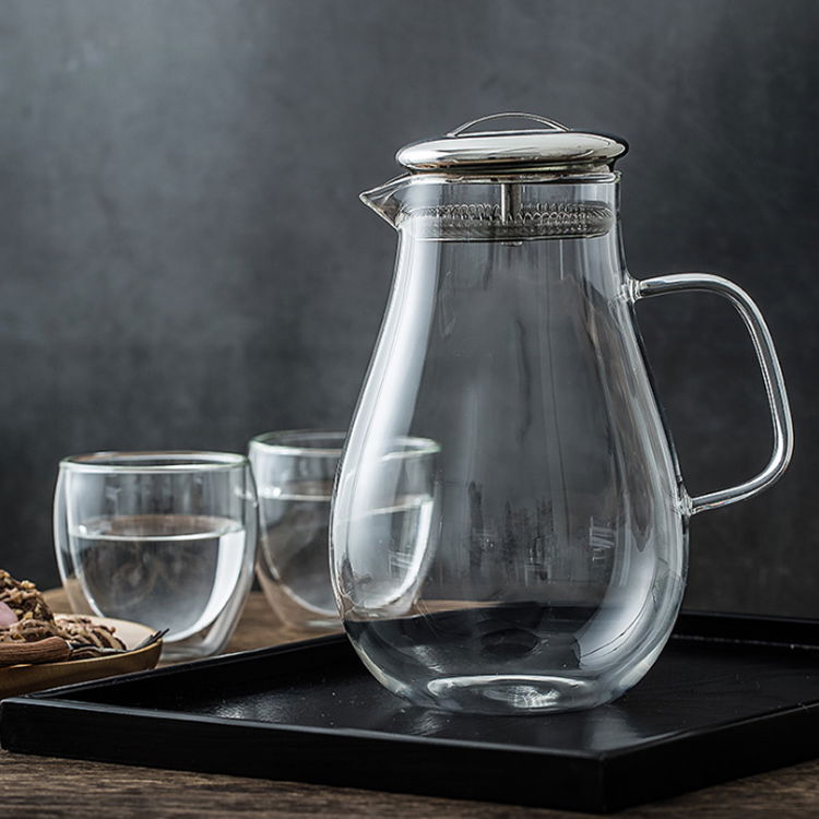 2L round glass pitcher with stainless steel lid custom water carafe with handle 2