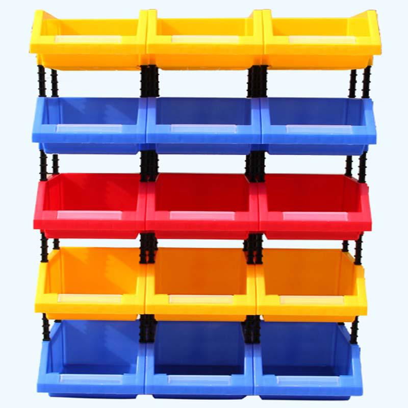 Plastic parts box shelf with different sizes and colors