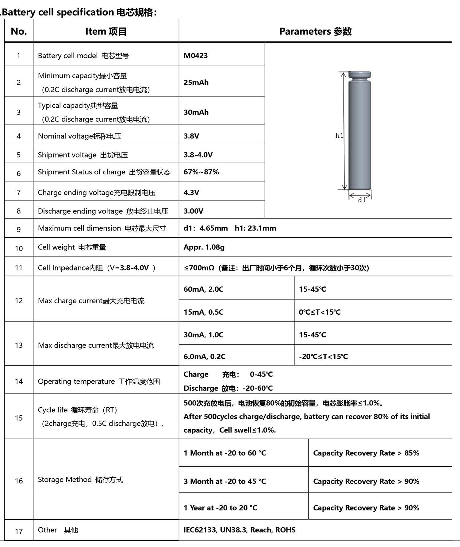 M0423 3.8V 30mAh 锂离子可充电纽扣电池 5