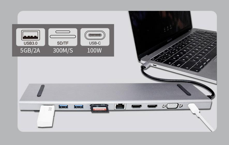 USB C Docking Station 11 in 1 3USB 3.0 2HDMI VGA TF SD RJ45 Audio USB-C  2