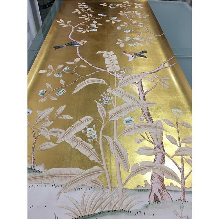 Chinoiserie handpainted wallpaper gold metallic gilded on silk