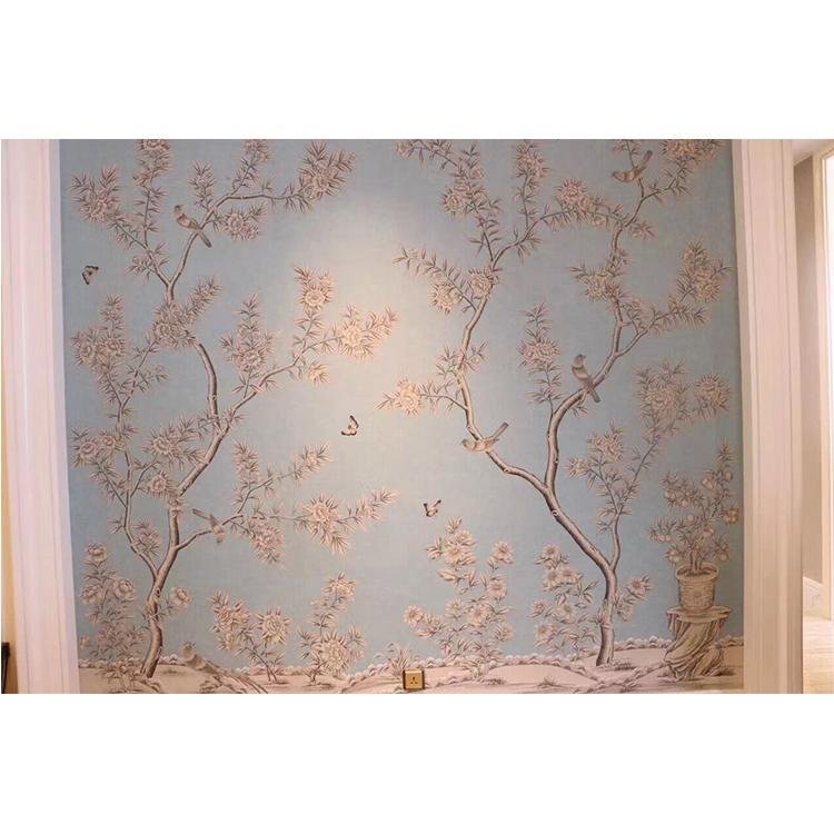 Chinoiserie Hand painted Wallpaper on blue grey slub silk 2
