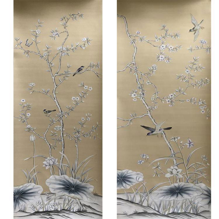 Chinoiserie Hand painted wallpaper on Silver Grey Slub Silk 3