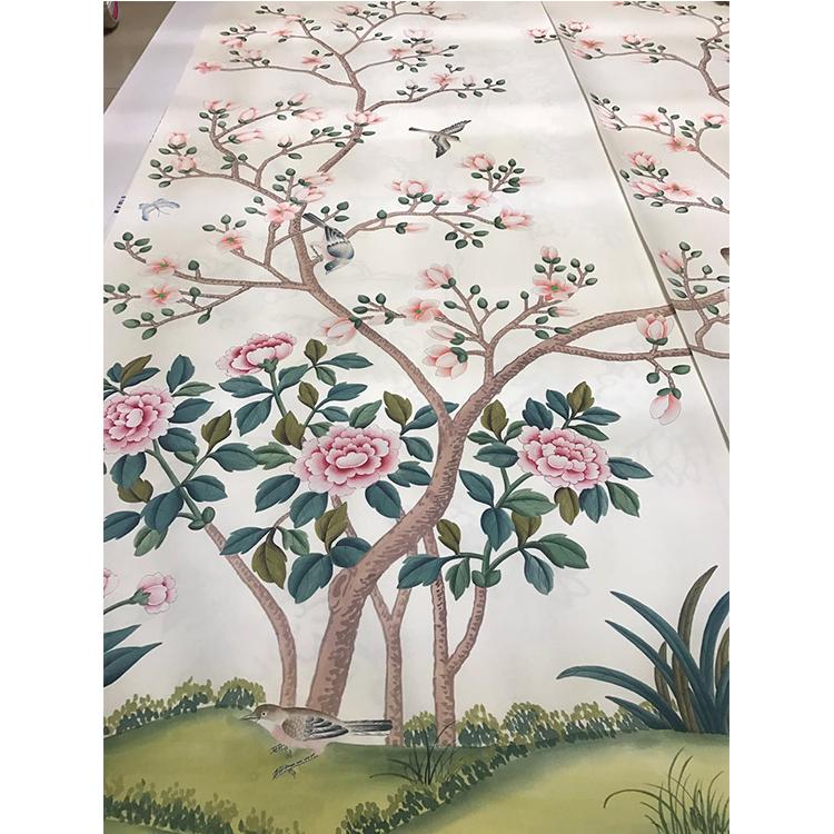 Chinoiserie hand painted wallpaper on silver metallic gilded paper 2