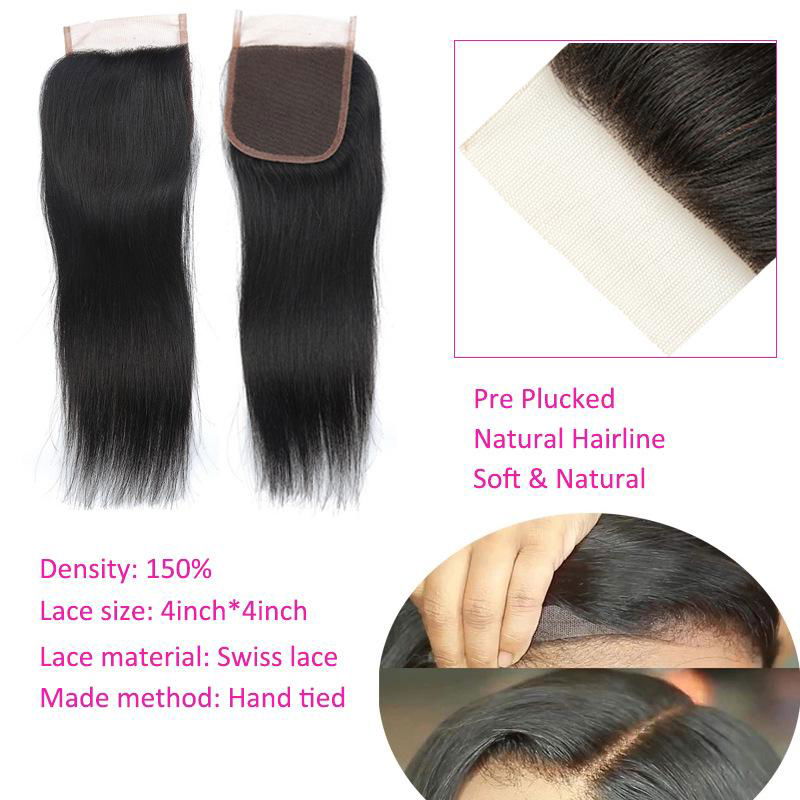 10A T shape 4x4 closure Straight human hair Brazilian Human Hair Weaves middle  3