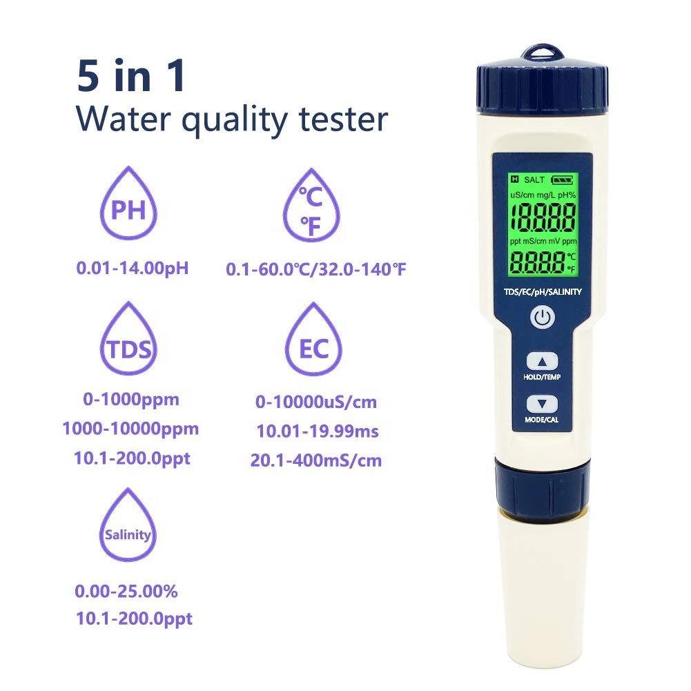 5 in 1 Digital pH Meter with TDS/EC/Salinity/Temperature Measurement Waterproof  2