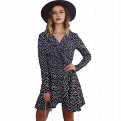 Polka Dot Print Dress Long Sleeved V Neck Casual Dresses for Girls Summer