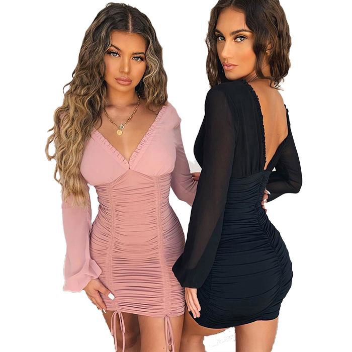 Women Sexy V Neck Runched Mini Sheath Casual Dresses OEM/ODM 3