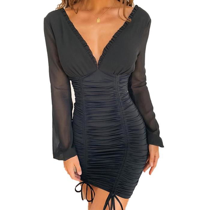 Women Sexy V Neck Runched Mini Sheath Casual Dresses OEM/ODM