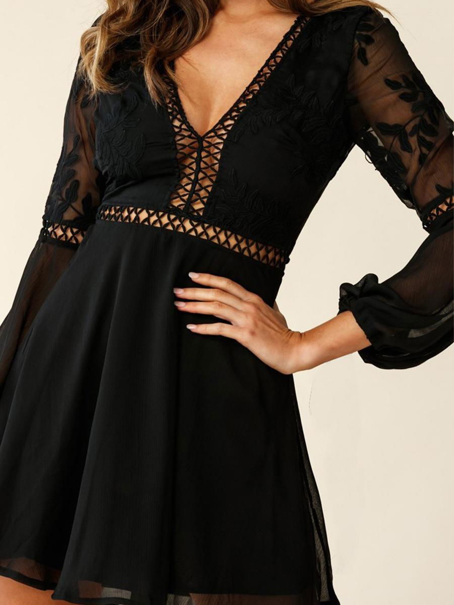 Vintage Long Sleeve Black Lace Summer Dresses Ladies Clothing Ribbed Dress Women 2