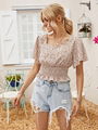 Summer Short Sleeve Floral Shirts And Blouses Square Collar Smocked Tops Women 2