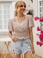Summer Short Sleeve Floral Shirts And Blouses Square Collar Smocked Tops Women 3