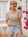 Summer Short Sleeve Floral Shirts And Blouses Square Collar Smocked Tops Women
