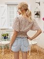 Summer Short Sleeve Floral Shirts And Blouses Square Collar Smocked Tops Women