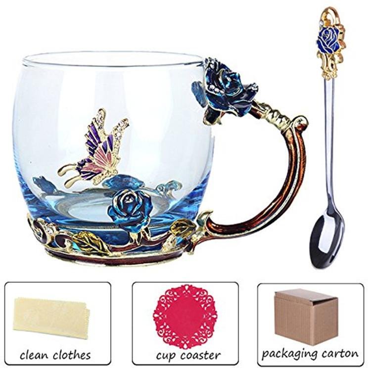 Modern Nice Flower Tea Coffee Glass Cup With Spoon Coffee Mugs 300ml 3