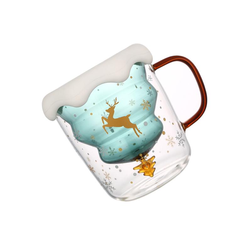 Hot Sale Christmas Tree Shape Double Wall Glass Coffee Cup For Gift