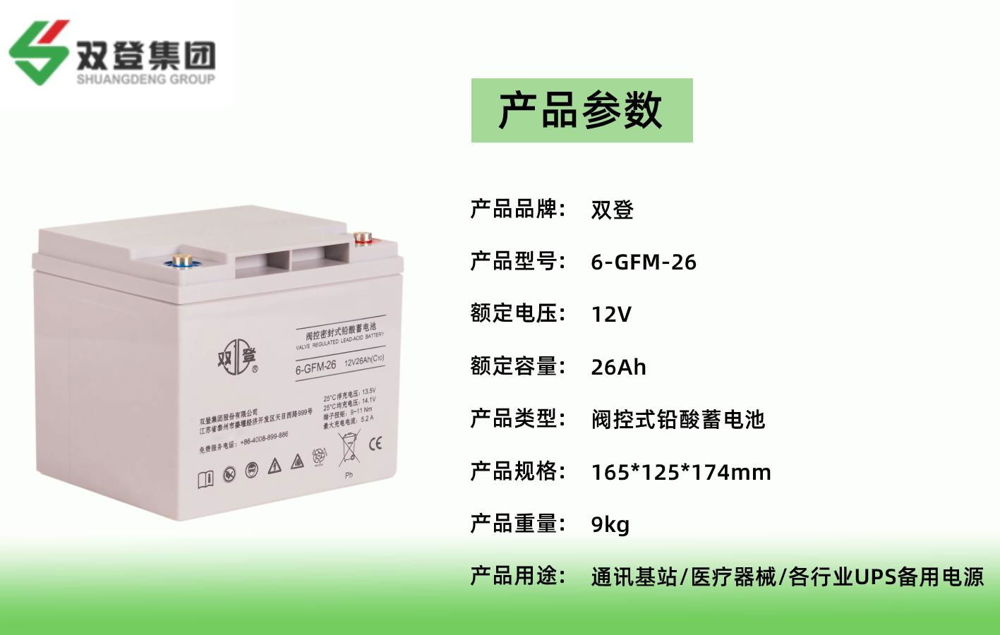 雙登蓄電池6-GFM-26免維護12V26AH UPS電源應急設備專用 3