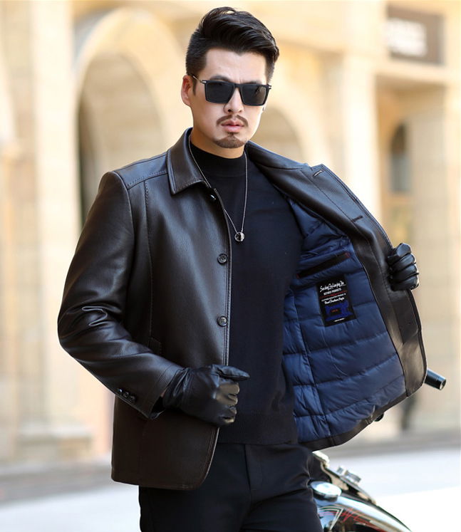 Winter new leather down jacket men's casual lapel leather jacket thickened warm 