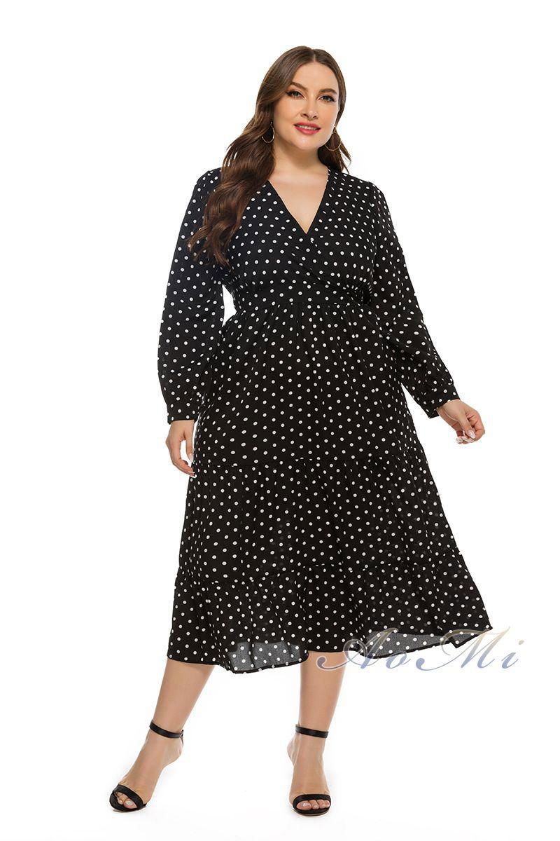 Plus Size Dresses Black Polka Dot Lantern Sleeve Large Size Dresses Summer Overs